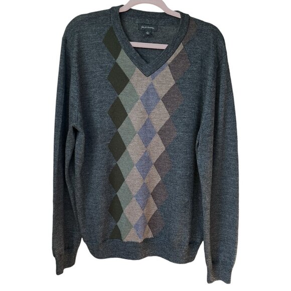 John W Nordstrom Mens Merino Wool Sweater Sz L Gray Argyle Old Money Scholar Dad - Picture 1 of 9